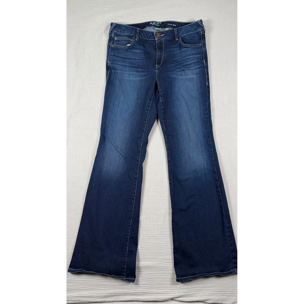 Ariat Denim Perfect Rise Flare Jeans Women 32L Whiskered 34x34 Cowgirl Stretch - Picture 2 of 9